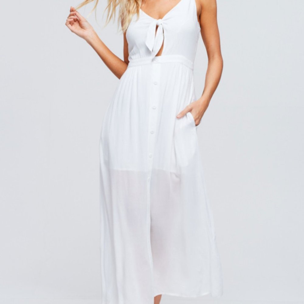 Crescent White Tie Front Midi Dress